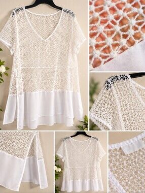 White Crochet Mesh V-Neck Tunic Top Size Medium